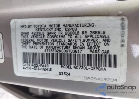 2003 Toyota Camry Le/Xle/Se from USA, damaged, VIN 4T1BE32K03U703617